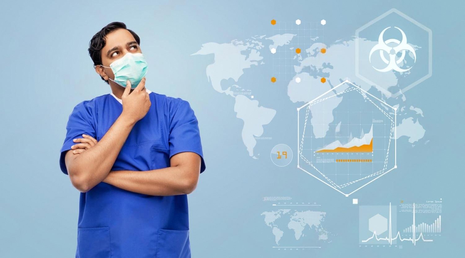 Medical professional in scrubs analysing data on an online study platform